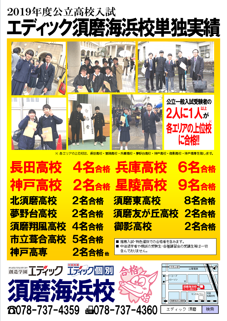 19年度公立高校入試結果です 須磨海浜校単独 教室ニュース エディック 須磨海浜校 お近くの教室を探す エディック 創造学園 神戸 明石 加古川 姫路の学習塾 結果を出す進学塾